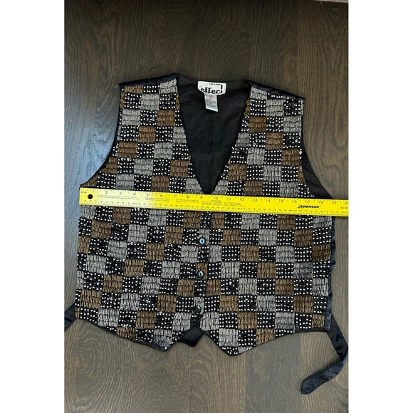 Vintage‎ Effect! Brown Black Checkerboard Sequin Vest Medium Western Style - Picture 6 of 8